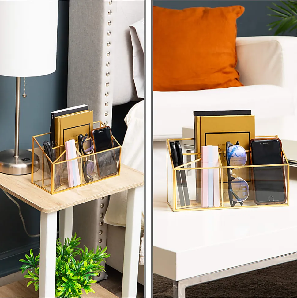 Mind Reader 4-Compartment Glass Desktop Organizer, 5-1/2”H x 4”W x 9-13/16”D, Clear/Copper, Total Qty 1