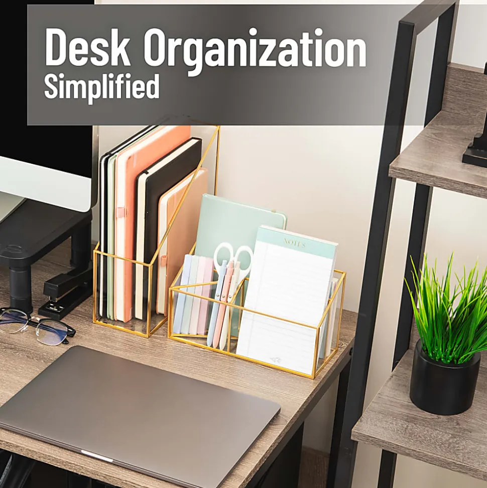 Mind Reader 4-Compartment Glass Desktop Organizer, 5-1/2”H x 4”W x 9-13/16”D, Clear/Copper, Total Qty 1