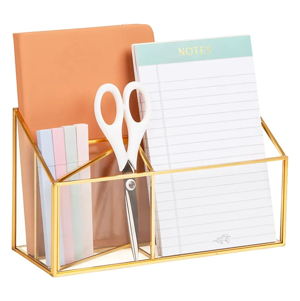 Mind Reader 4-Compartment Glass Desktop Organizer, 5-1/2”H x 4”W x 9-13/16”D, Clear/Copper, Total Qty 1