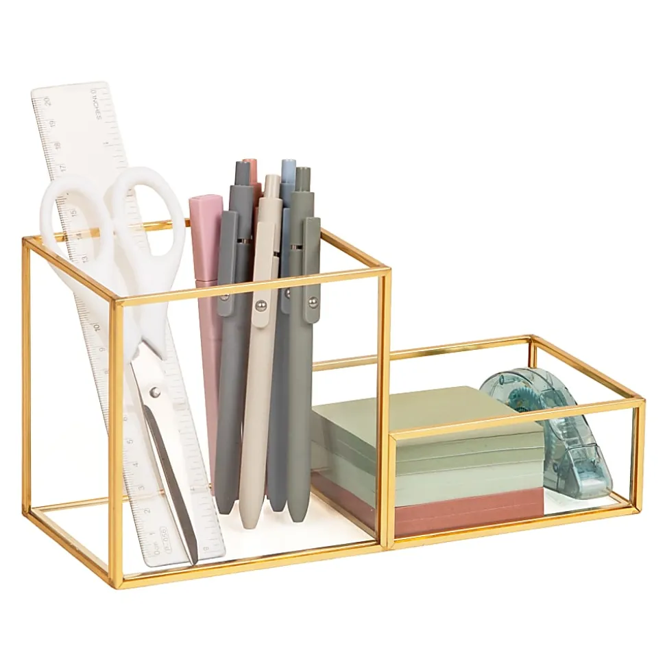 Mind Reader 2-Compartment Glass Catch-All Tray with Copper Trim, 4-3/4"H x 9-3/8"W x 4"D, Clear, Total Quantity 1