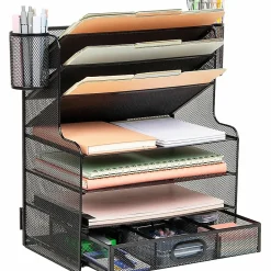 Mind Reader 6-Compartment Mesh Desk Organizer, 16"H x 9"W x 17-1/4"D, Black