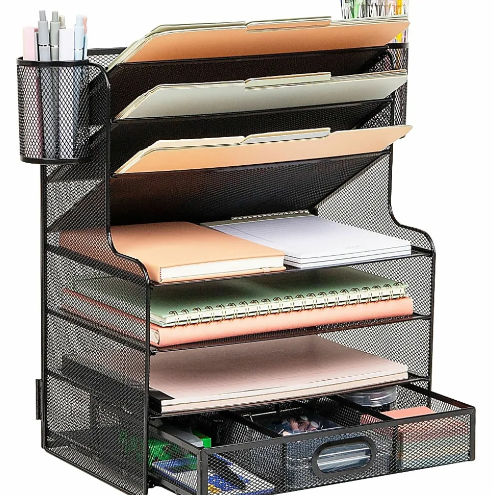 Mind Reader 6-Compartment Mesh Desk Organizer, 16"H x 9"W x 17-1/4"D, Black