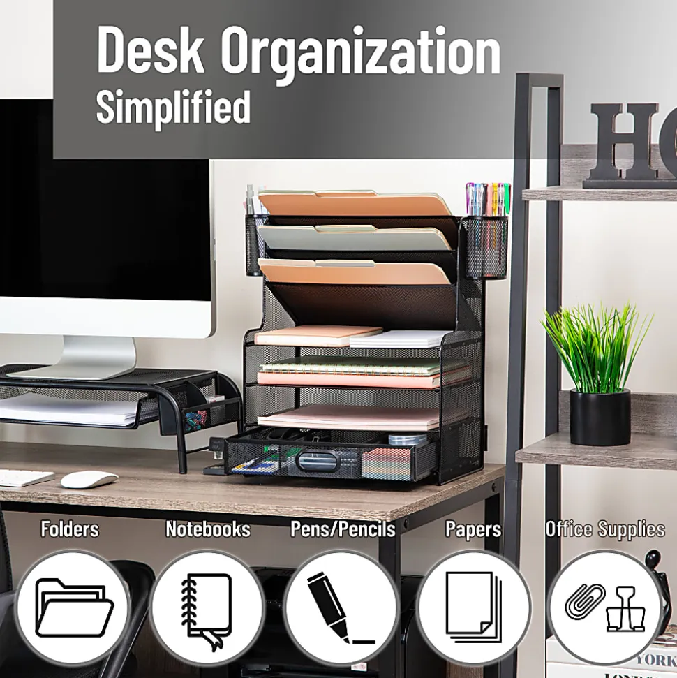 Mind Reader 6-Compartment Mesh Desk Organizer, 16"H x 9"W x 17-1/4"D, Black