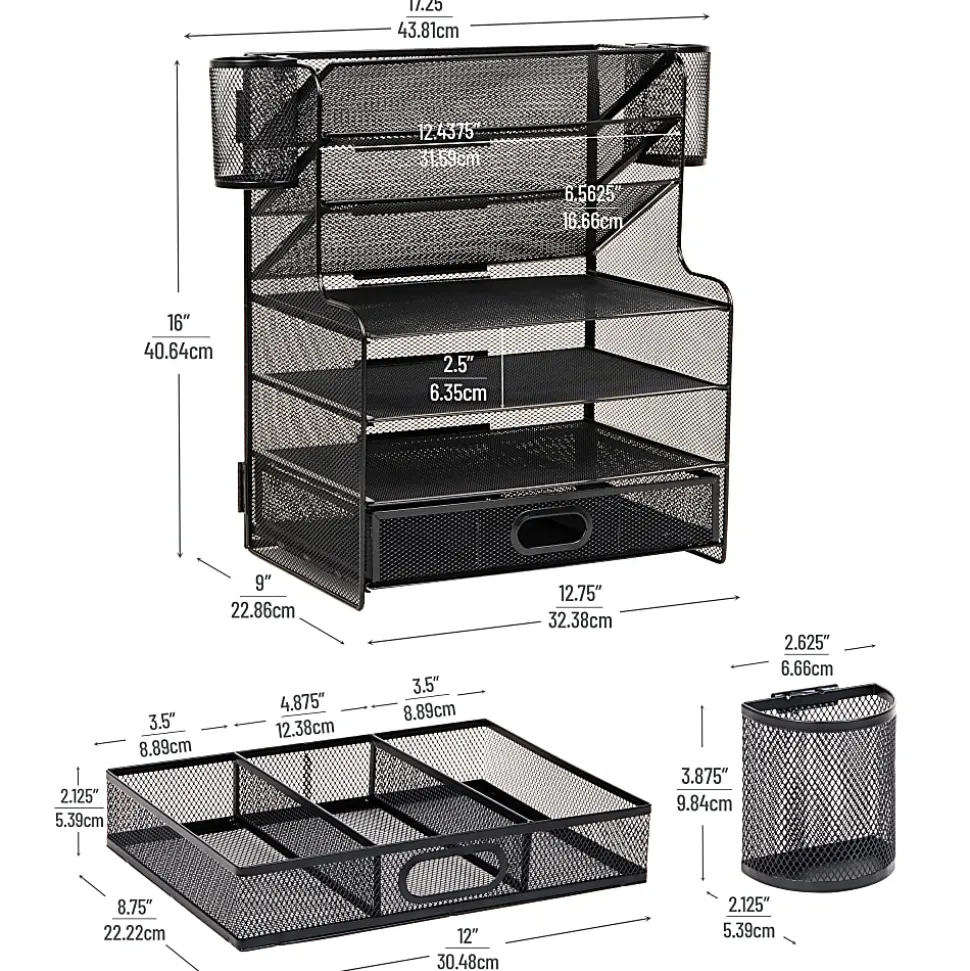 Mind Reader 6-Compartment Mesh Desk Organizer, 16"H x 9"W x 17-1/4"D, Black