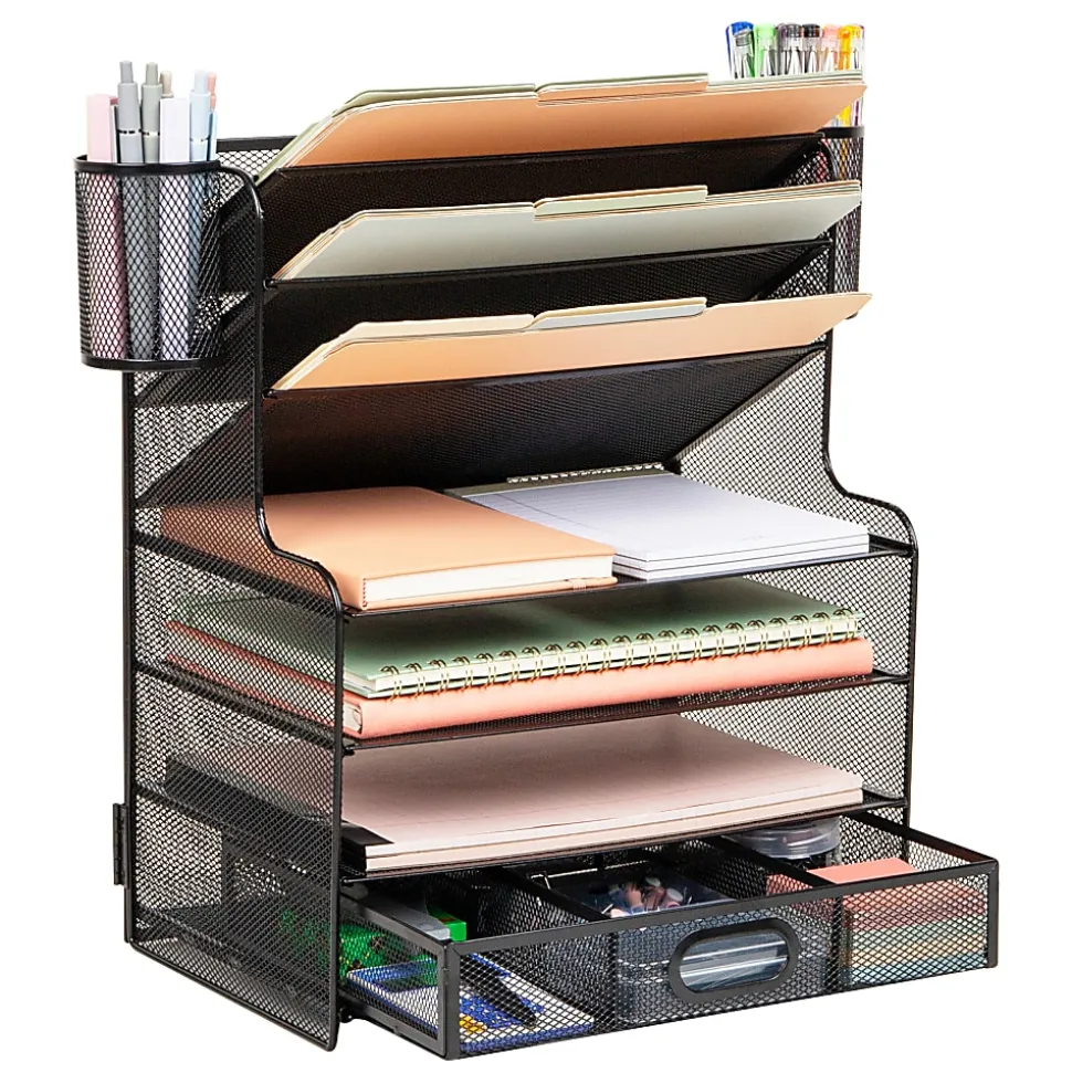 Mind Reader 6-Compartment Mesh Desk Organizer, 16"H x 9"W x 17-1/4"D, Black