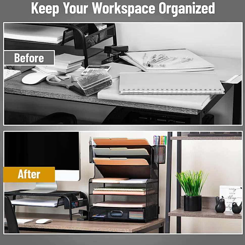 Mind Reader 6-Compartment Mesh Desk Organizer, 16"H x 9"W x 17-1/4"D, Black