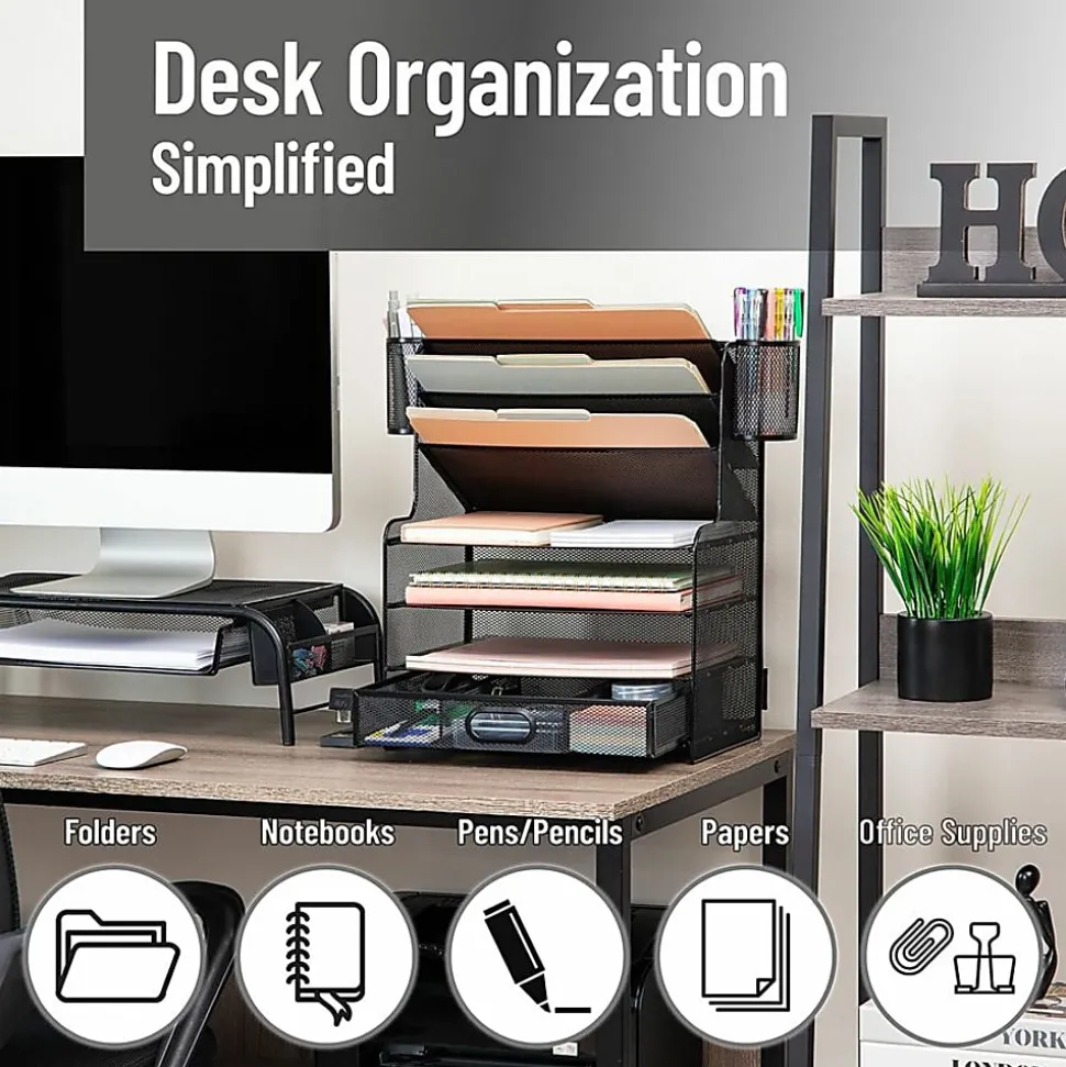 Mind Reader 6-Compartment Mesh Desk Organizer, 16"H x 9"W x 17-1/4"D, Black