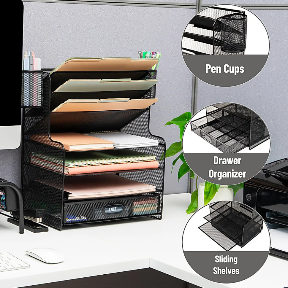 Mind Reader 6-Compartment Mesh Desk Organizer, 16"H x 9"W x 17-1/4"D, Black