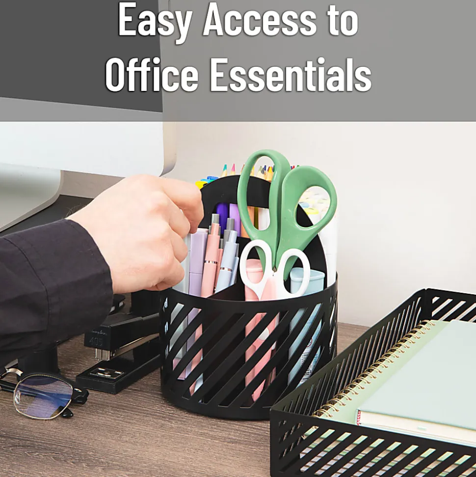 Mind Reader 4-Compartment Round Metal Desktop Carousel Organizer With Handle, 7-1/4”H x 6”W x 6”D, Black, Total Qty 1