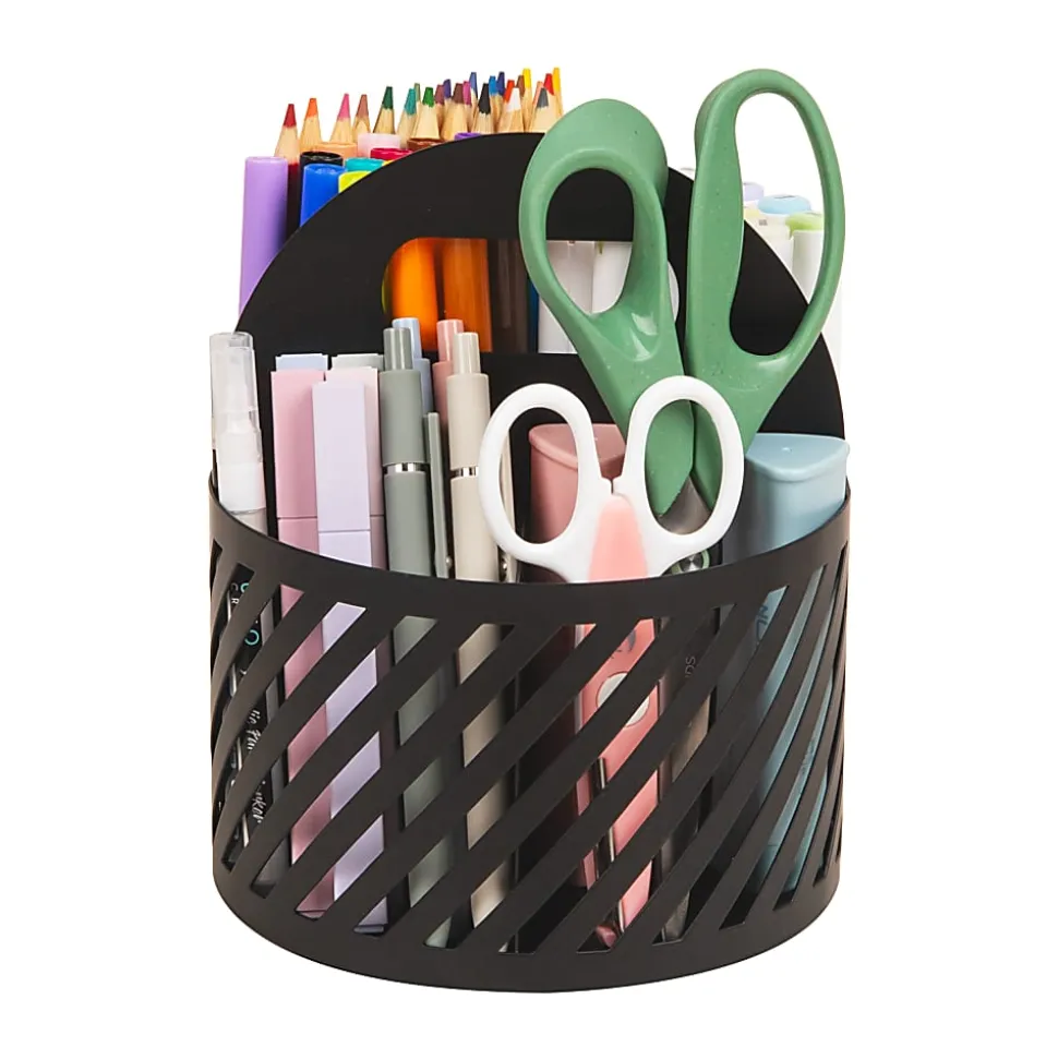 Mind Reader 4-Compartment Round Metal Desktop Carousel Organizer With Handle, 7-1/4”H x 6”W x 6”D, Black, Total Qty 1