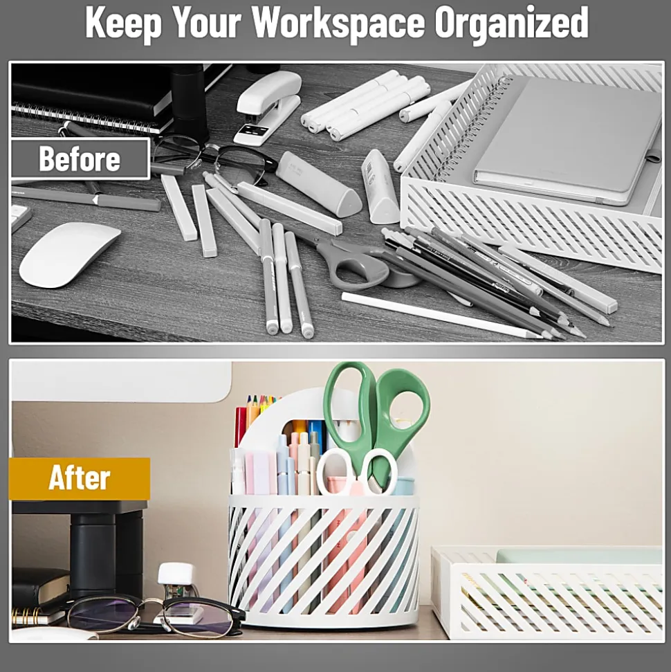 Mind Reader 4-Compartment Round Metal Desktop Carousel Organizer With Handle, 7-1/4”H x 6”W x 6”D, White, Total Qty 1