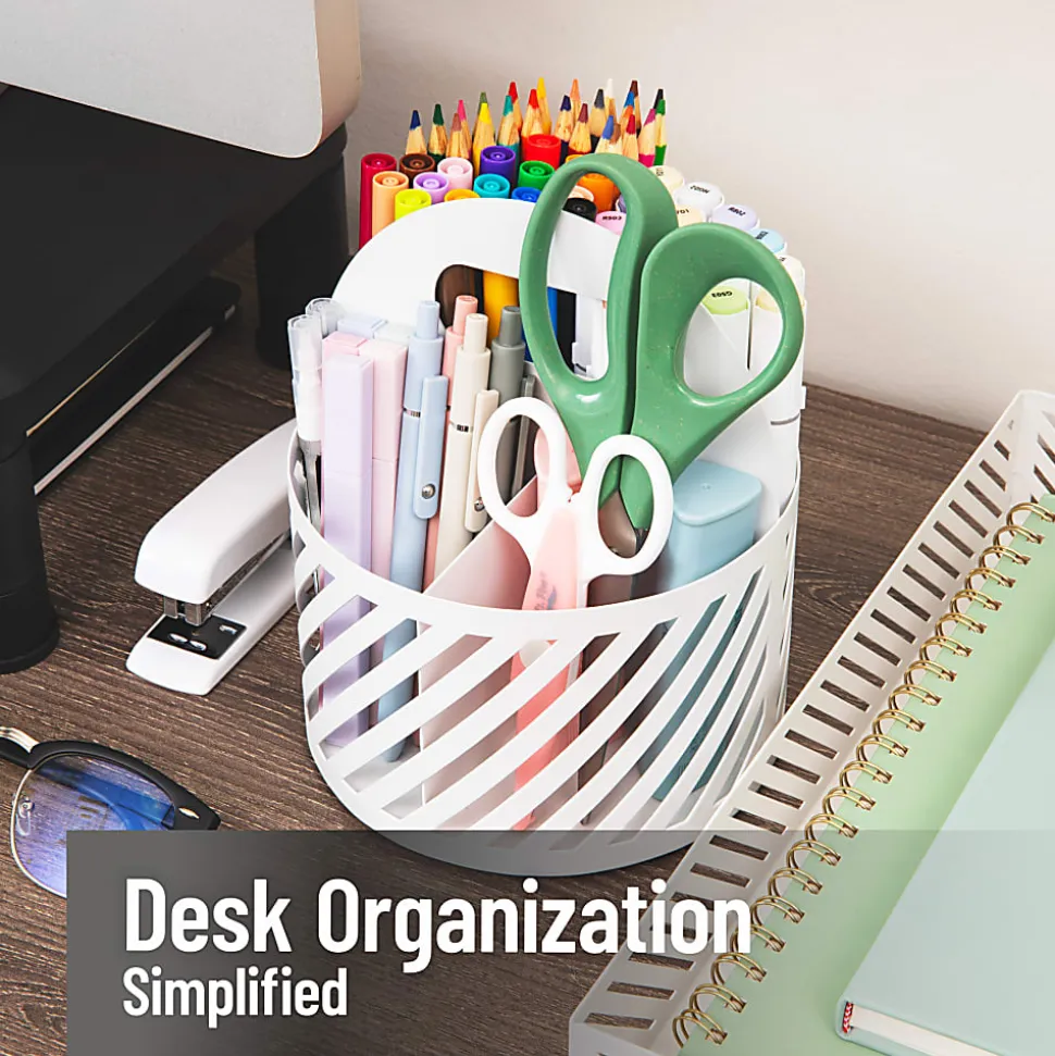 Mind Reader 4-Compartment Round Metal Desktop Carousel Organizer With Handle, 7-1/4”H x 6”W x 6”D, White, Total Qty 1