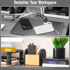 Mind Reader Desktop Organizer with 3 Compartments, Wood, 5"H x 4-1/2"W x 5-1/2"L, Black