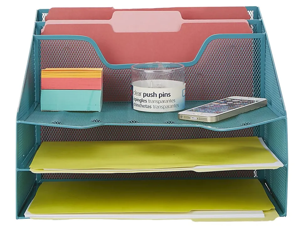 Mind Reader Desktop Vertical Paper Tray Organizer, 9-1/2” H x 11-1/2” W x 12-1/2” D, Turquoise