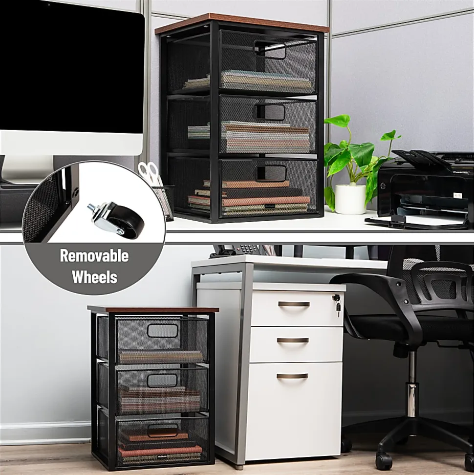 Mind Reader 3-Drawer Rolling Storage Cart Multipurpose Portable Cabinet with Wheels, 24-1/4" H x 13" W x 15-3/4" D, Black