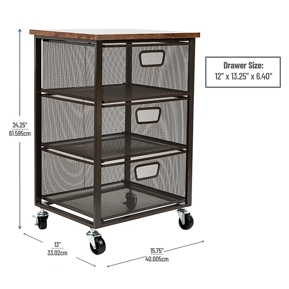 Mind Reader 3-Drawer Rolling Storage Cart Multipurpose Portable Cabinet with Wheels, 24-1/4" H x 13" W x 15-3/4" D, Black