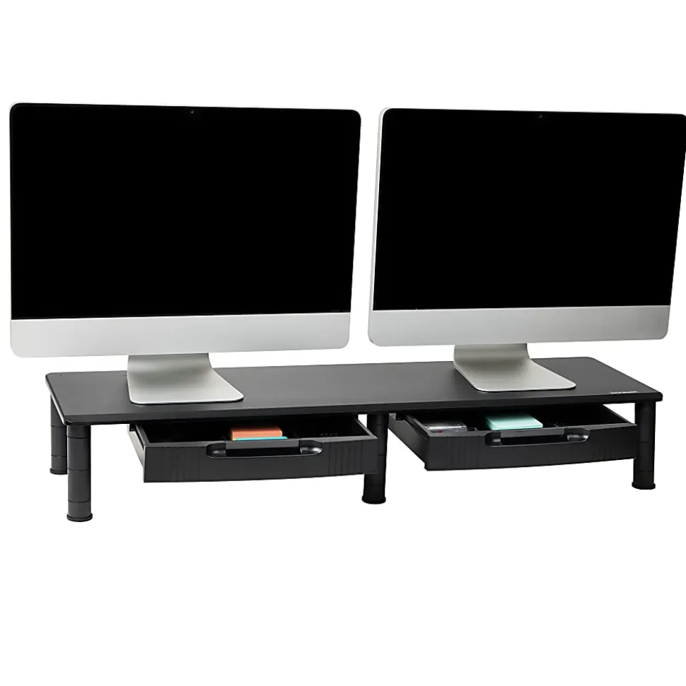 Mind Reader Dual-Monitor Stand With Drawers, 6-1/2"H x 11"W x 38-1/2"D, Black