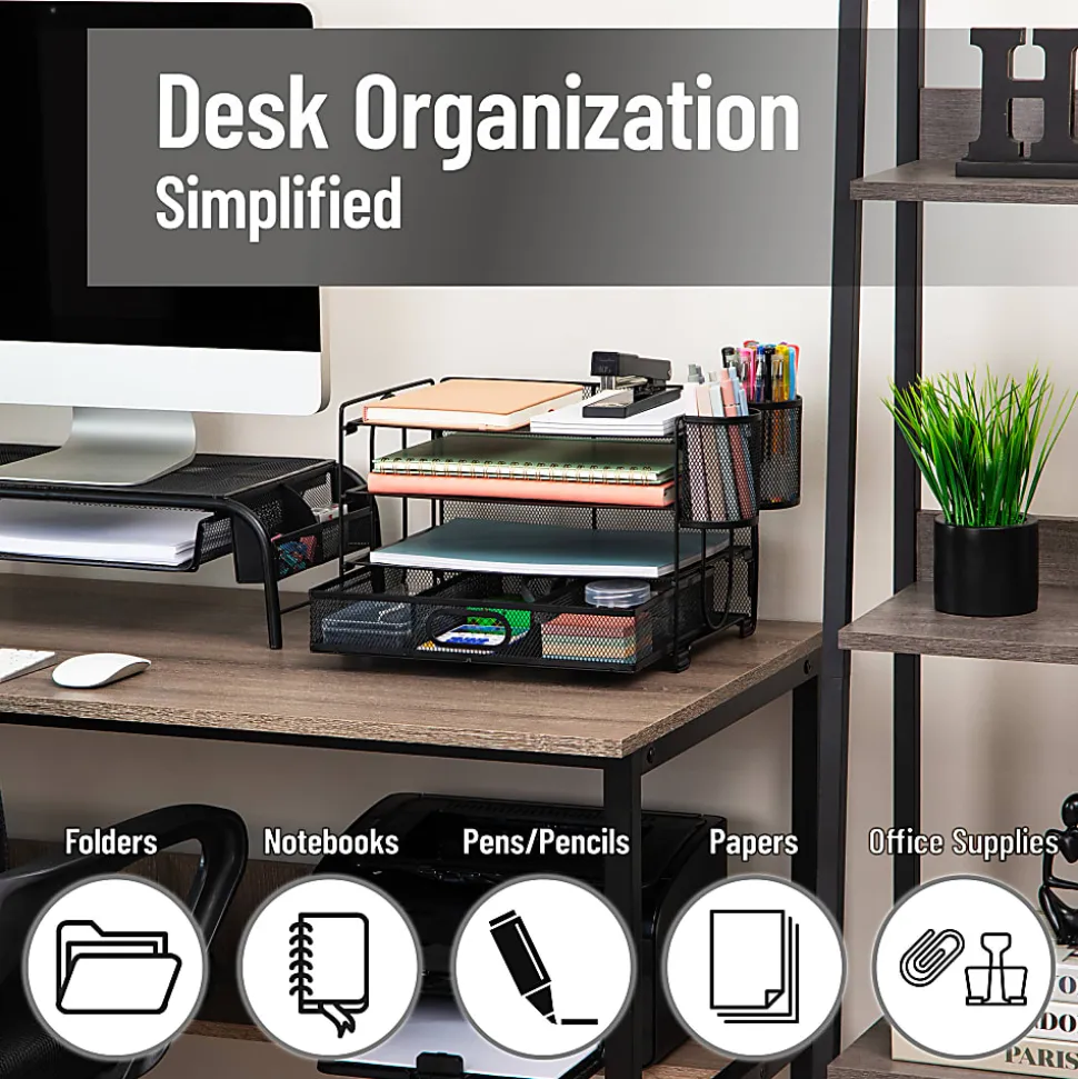Mind Reader Mesh Desk Organizer, 9"H x 9-1/4"W X 12-3/4"D, Black
