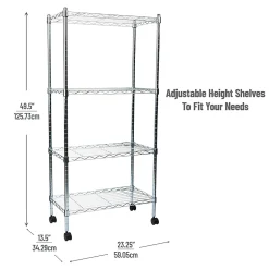 Mind Reader Metal Adjustable 4-Tier Industrial Storage Shelves with Wheels, 49-1/2