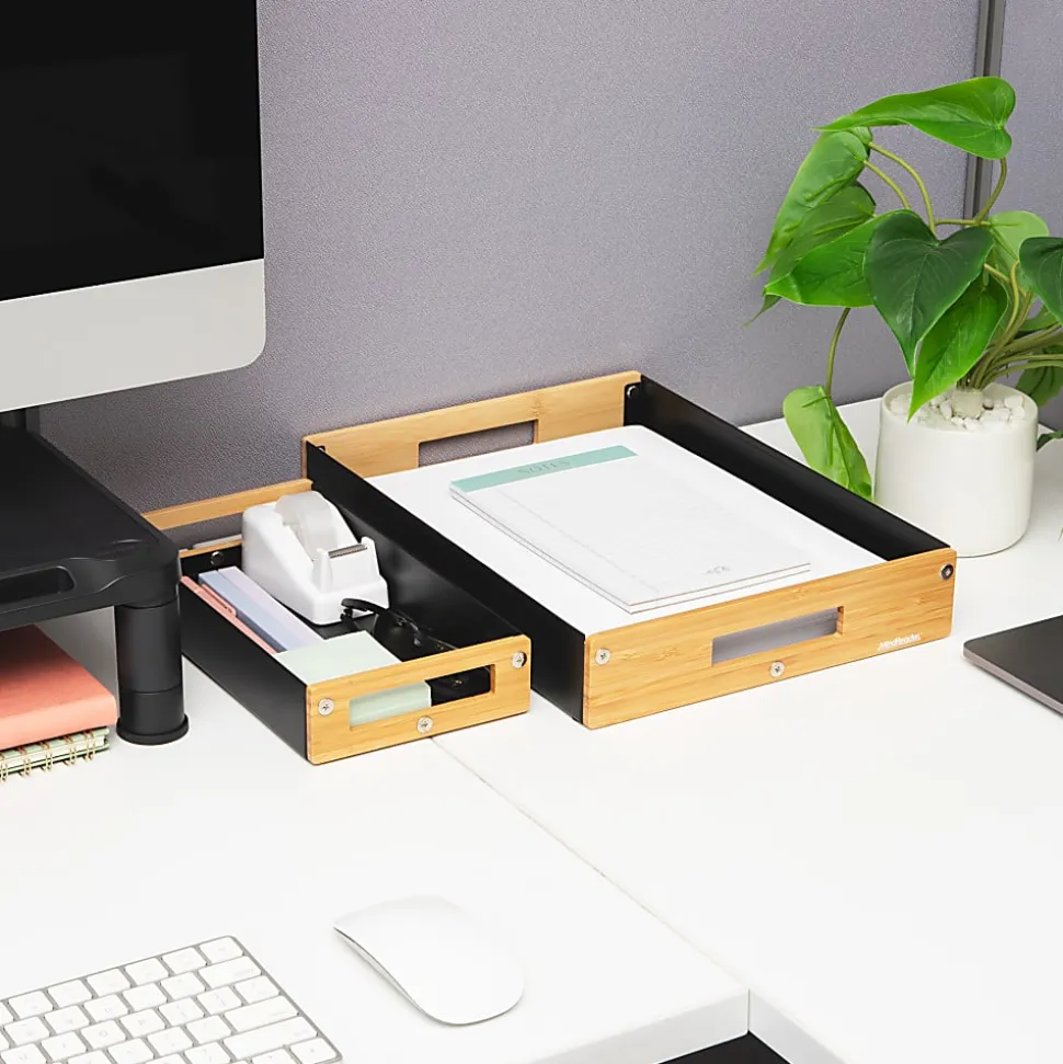 Mind Reader Metal And Wood Tiered Desktop Organizer Trays, 2-7/8”H x 13-3/4”W x 9-3/4”D, Black, Total Qty 2