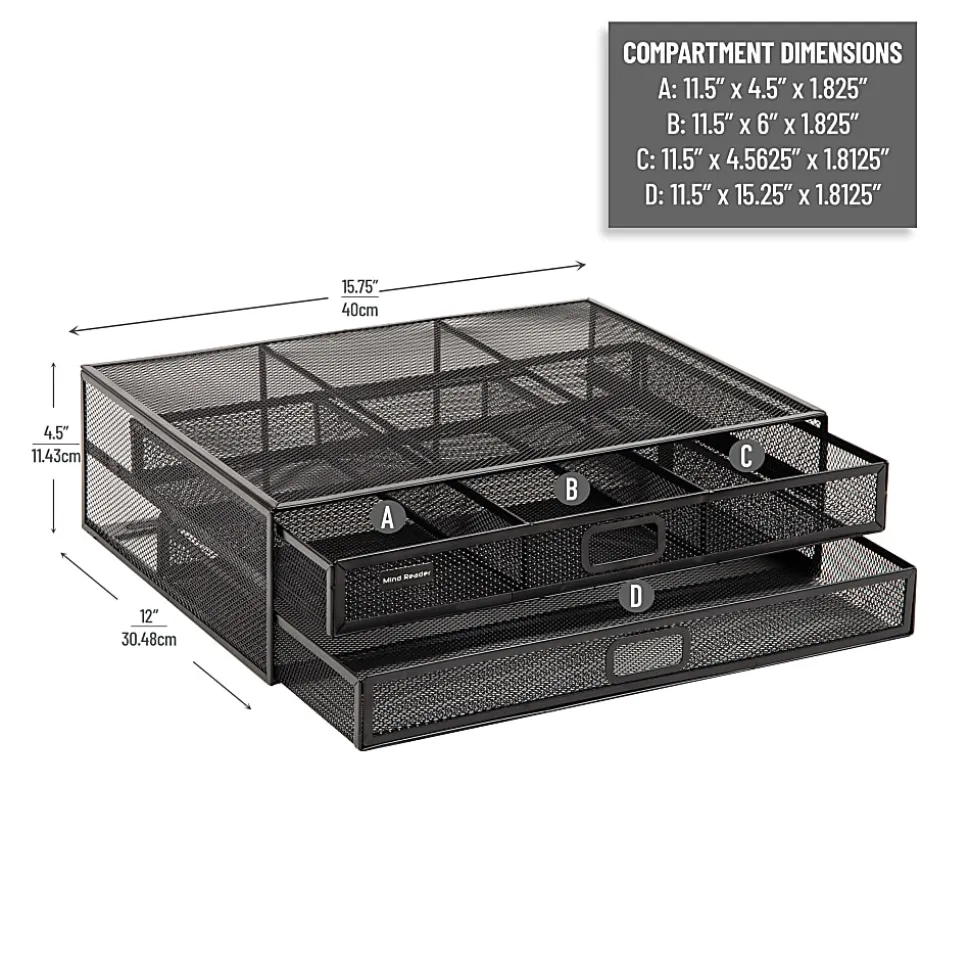 Mind Reader Metal Monitor Stand Ventilated Laptop Riser Storage Drawer, 4-1/2”H x 12”W x 15-3/4”D, Black