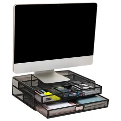 Mind Reader Metal Monitor Stand Ventilated Laptop Riser Storage Drawer, 4-1/2”H x 12”W x 15-3/4”D, Black