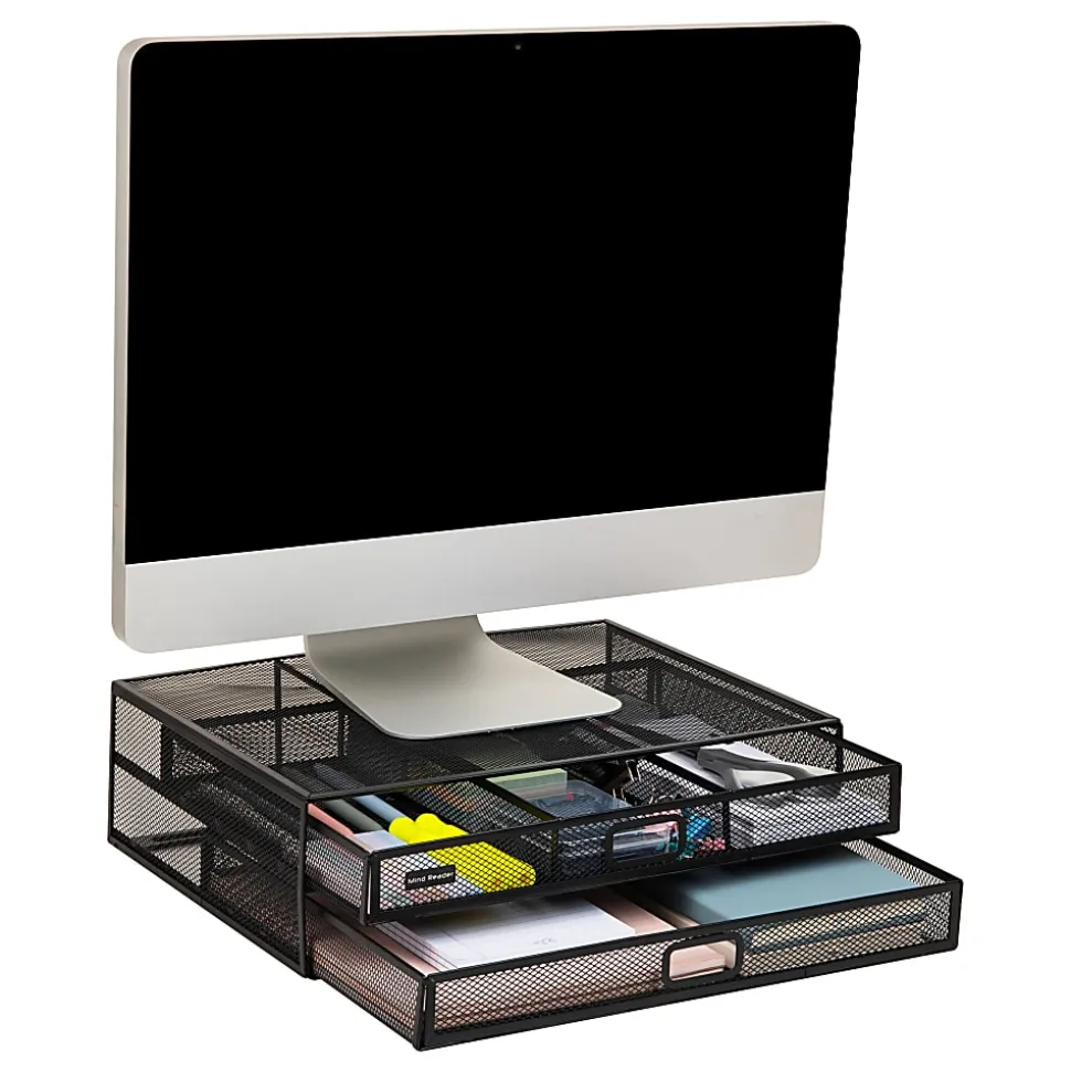 Mind Reader Metal Monitor Stand Ventilated Laptop Riser Storage Drawer, 4-1/2”H x 12”W x 15-3/4”D, Black