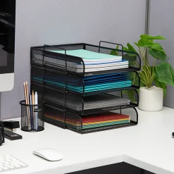 Mind Reader Metal Stackable Paper Tray Desktop Organizer, 11-1/4”H x 13-1/2”W x 10-1/2”D, Black