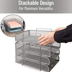 Mind Reader Metal Stackable Paper Tray Desktop Organizer, 11-1/4”H x 13-1/2”W x 10-1/2”D, Silver