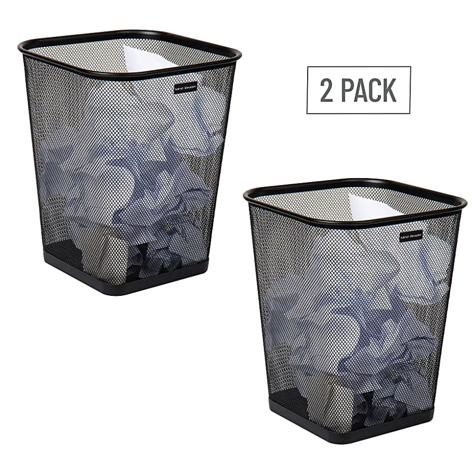 Mind Reader Metal Trash Can Square Waste Paper Basket, 12 1/4"H x 9 3/4"W x 9 3/4"D, Black, Set of 2