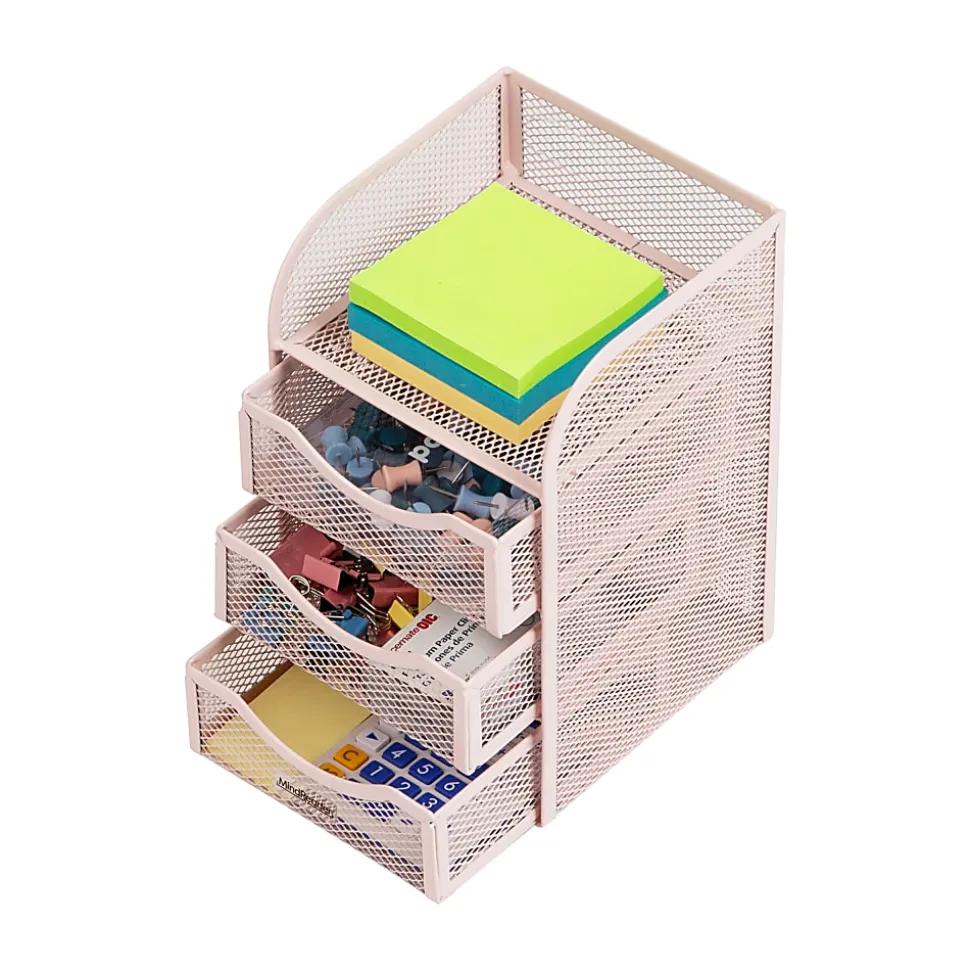 Mind Reader Mini Desk Supplies Office Supplies Organizer, 8"H x 5"W x 4-3/4"D, Pink