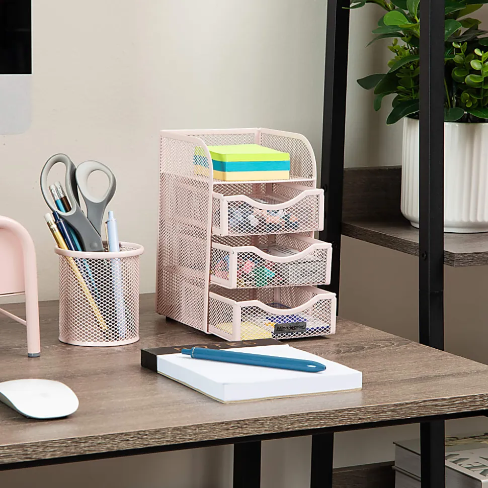 Mind Reader Mini Desk Supplies Office Supplies Organizer, 8"H x 5"W x 4-3/4"D, Pink