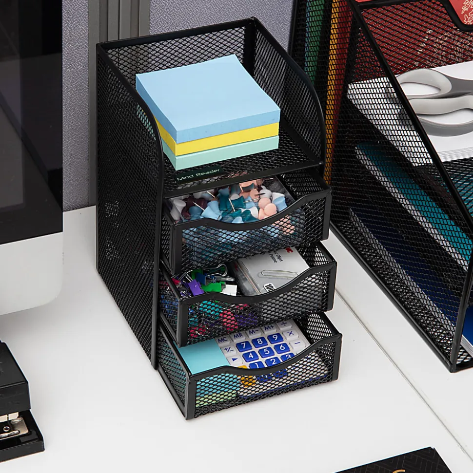Mind Reader Mini Desk Supplies Office Supplies Organizer, 8"H x 5"W x 4-3/4"L, Black