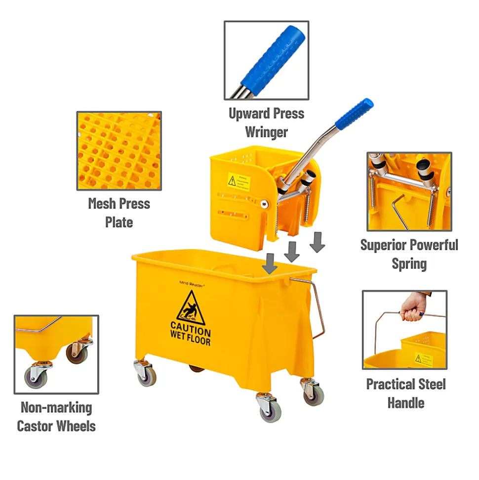 Mind Reader Mobile Heavy-Duty Mop Bucket With Upward Press Wringer, 5.5 Gallon, 24-1/2"H x 10-3/4"W x 16-1/4"D, Yellow