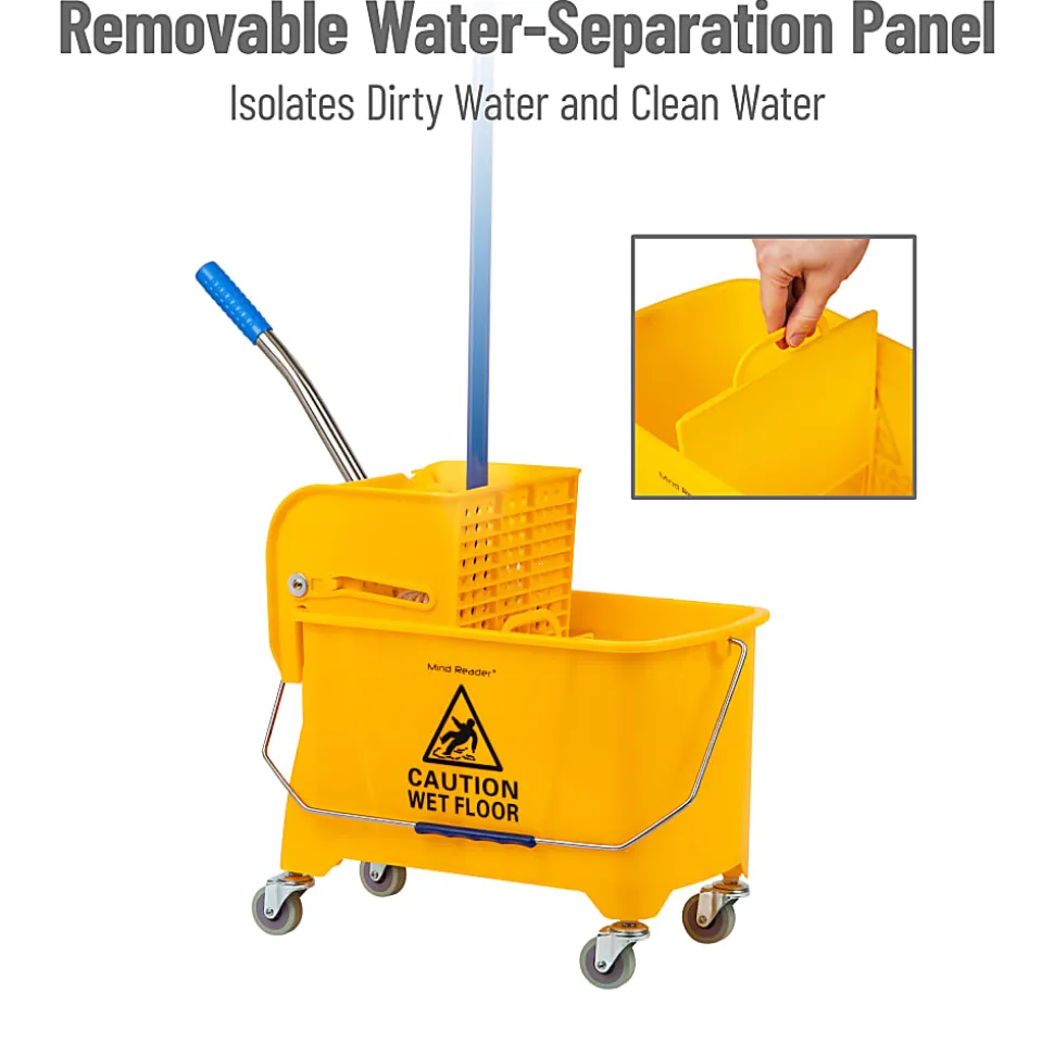 Mind Reader Mobile Heavy-Duty Mop Bucket With Upward Press Wringer, 5.5 Gallon, 24-1/2"H x 10-3/4"W x 16-1/4"D, Yellow