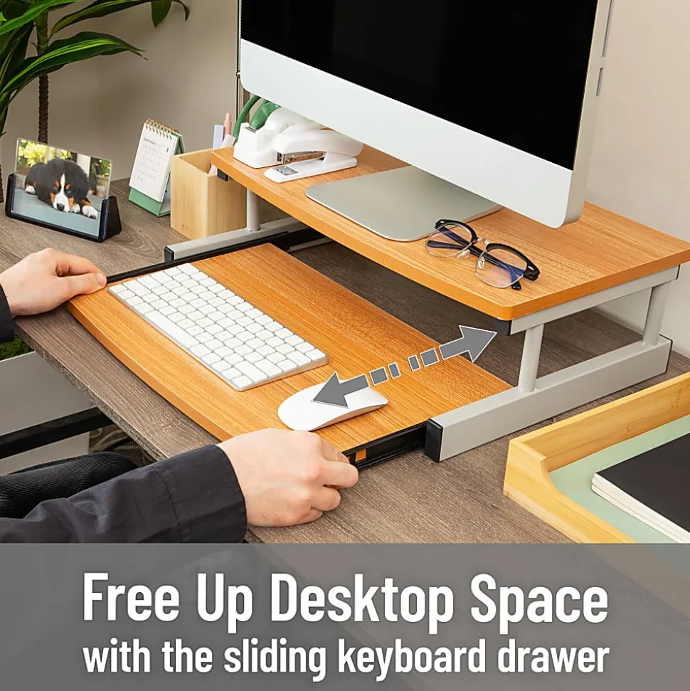 Mind Reader Monitor Stand Sliding Keyboard Drawer Laptop Riser, 5 59/10"H x 14-3/4"W x 20"D, Brown and Silver