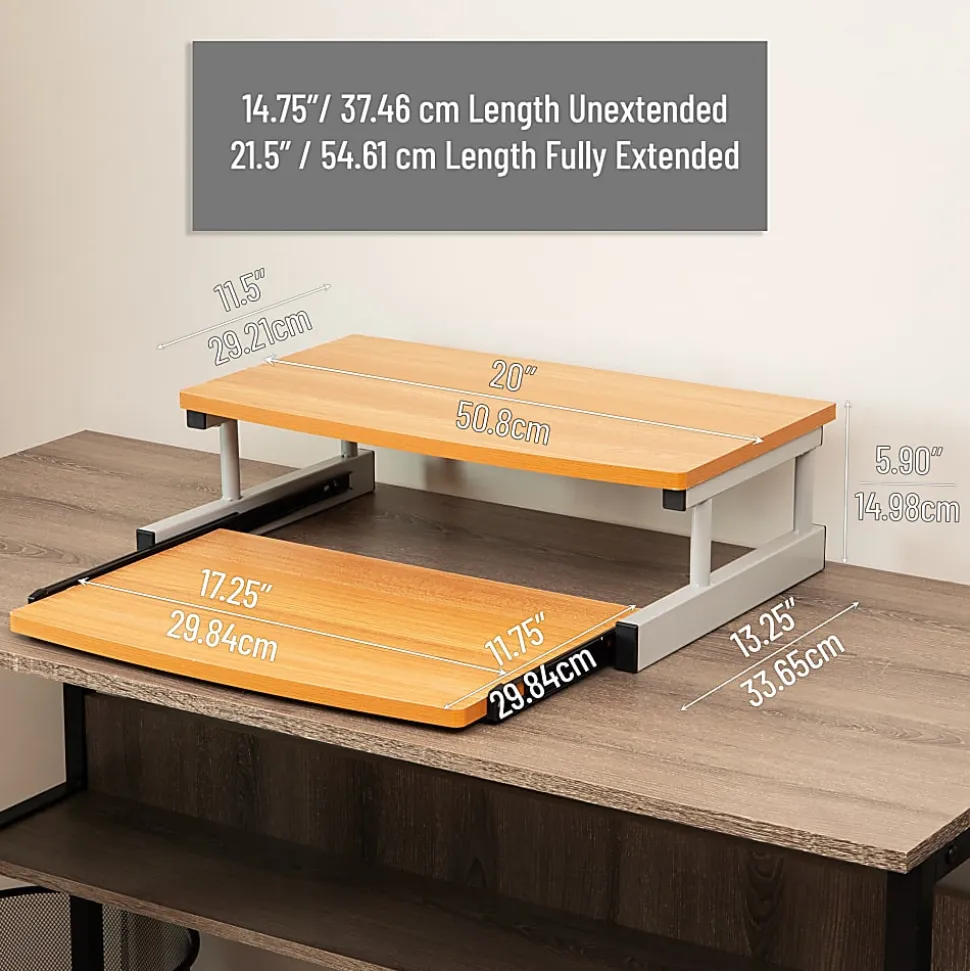 Mind Reader Monitor Stand Sliding Keyboard Drawer Laptop Riser, 5 59/10"H x 14-3/4"W x 20"D, Brown and Silver