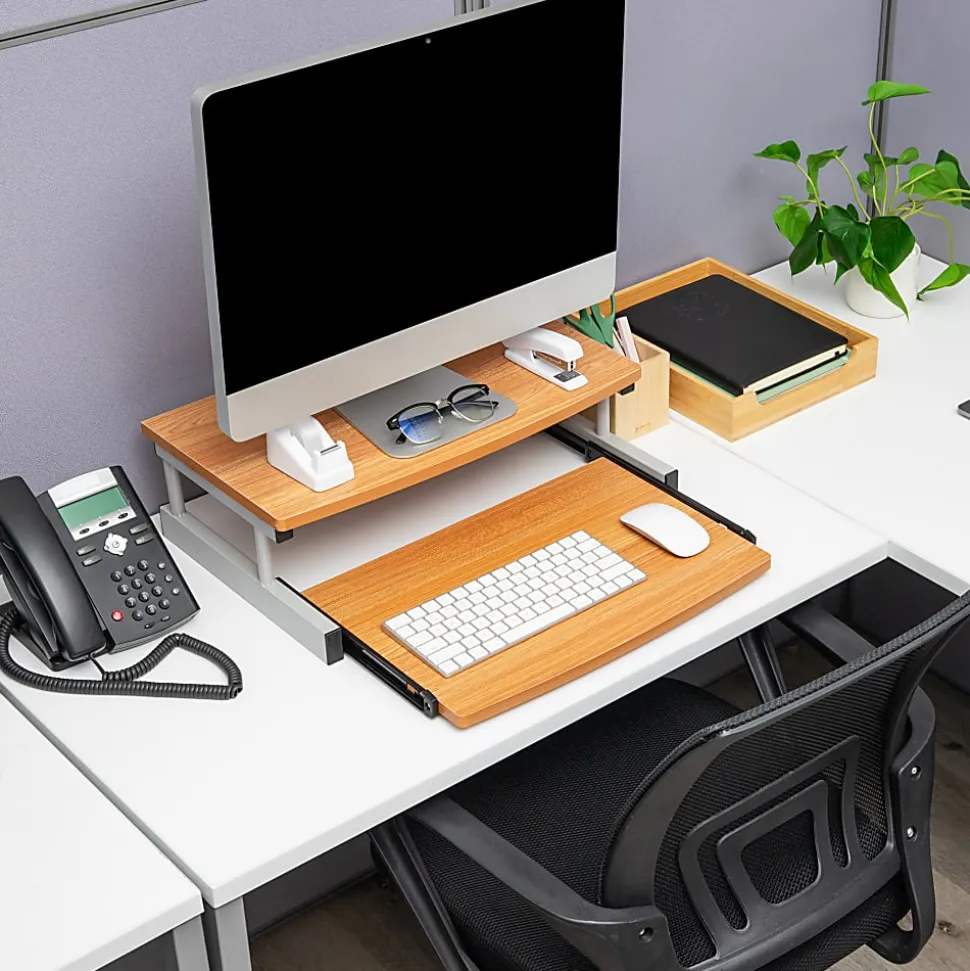 Mind Reader Monitor Stand Sliding Keyboard Drawer Laptop Riser, 5 59/10"H x 14-3/4"W x 20"D, Brown and Silver