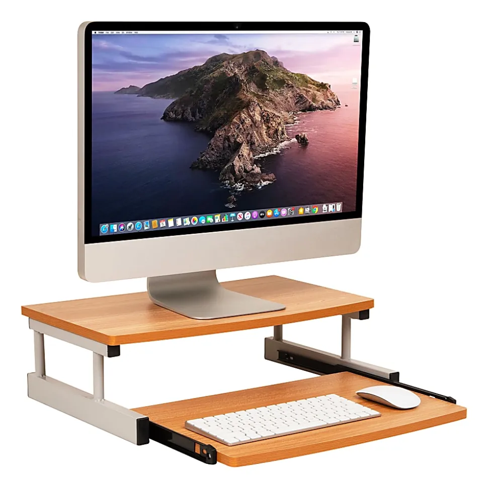 Mind Reader Monitor Stand Sliding Keyboard Drawer Laptop Riser, 5 59/10"H x 14-3/4"W x 20"D, Brown and Silver