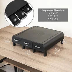 Mind Reader Monitor Stand 3 Storage Drawers Desktop Organizers, 4"H x 13"W x 13-1/2"D, Black, Set of 2 Stands