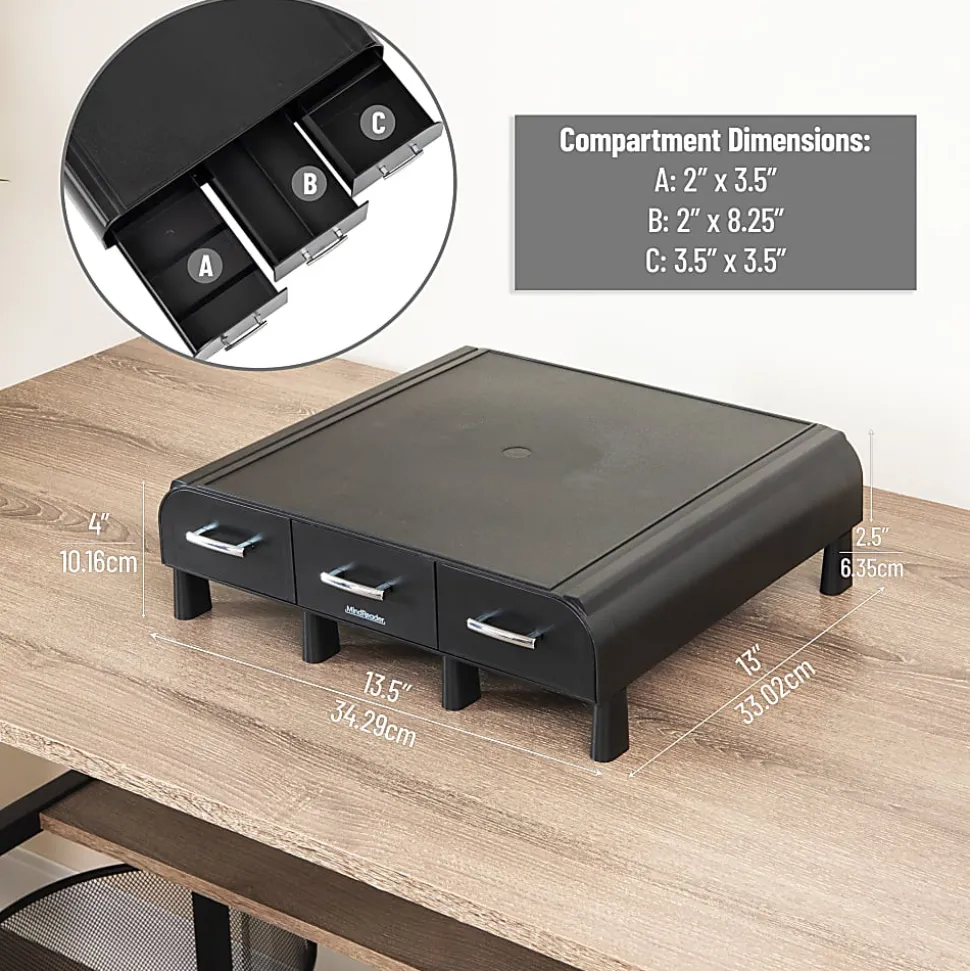 Mind Reader Monitor Stand 3 Storage Drawers Desktop Organizers, 4"H x 13"W x 13-1/2"D, Black, Set of 2 Stands
