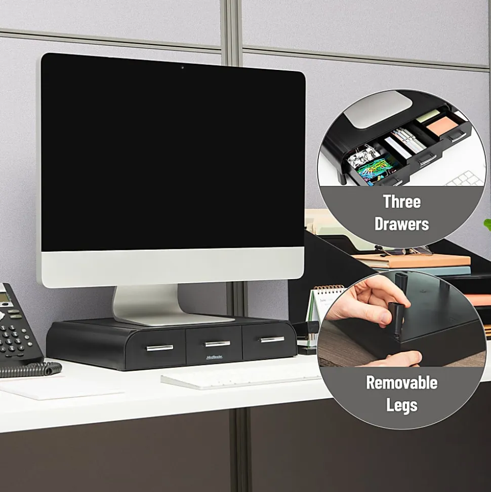 Mind Reader Monitor Stand 3 Storage Drawers Desktop Organizers, 4"H x 13"W x 13-1/2"D, Black, Set of 2 Stands