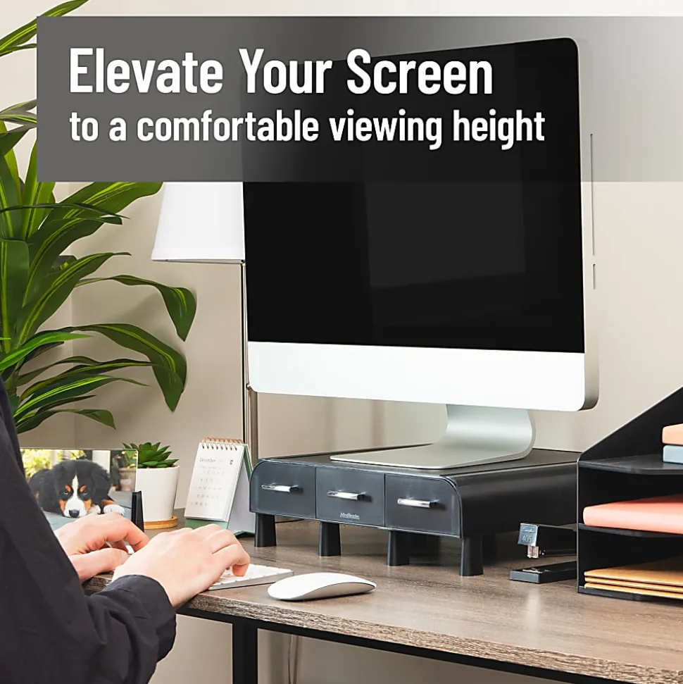 Mind Reader Monitor Stand 3 Storage Drawers Desktop Organizers, 4"H x 13"W x 13-1/2"D, Black, Set of 2 Stands