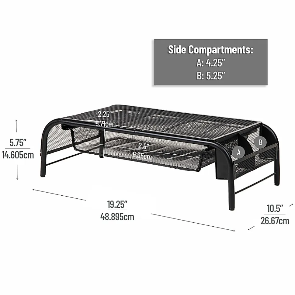 Mind Reader Monitor Stand Ventilated Laptop Riser Metal Paper Tray, 5 1/2"H x 11 1/2"W x 20"D, Black, Set of 2 Organizers