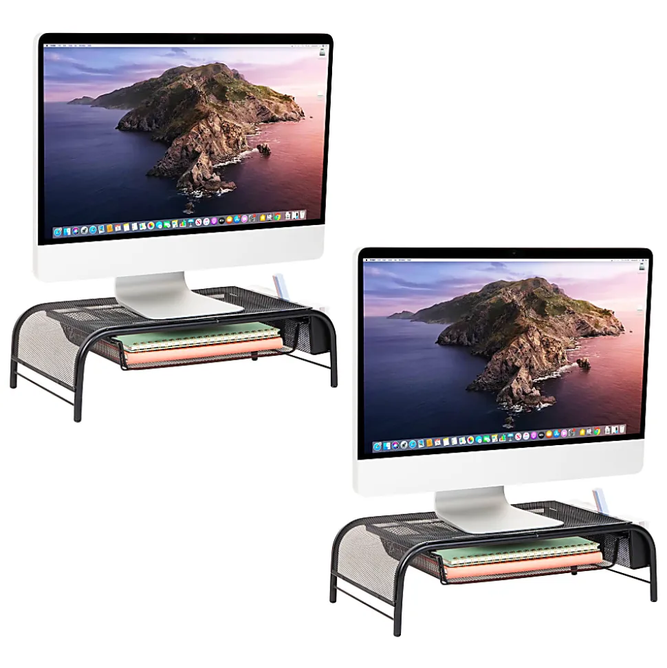 Mind Reader Monitor Stand Ventilated Laptop Riser Metal Paper Tray, 5 1/2"H x 11 1/2"W x 20"D, Black, Set of 2 Organizers