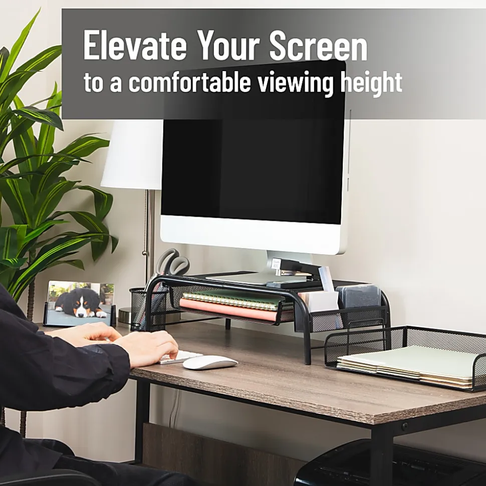 Mind Reader Monitor Stand Ventilated Laptop Riser Metal Paper Tray, 5 1/2"H x 11 1/2"W x 20"D, Black, Set of 2 Organizers