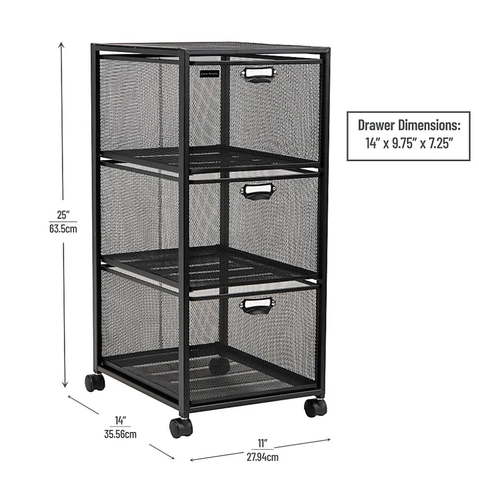 Mind Reader Multipurpose Cart with Drawers, Metal Mesh, Black, 25"H x 14"W x 11"L