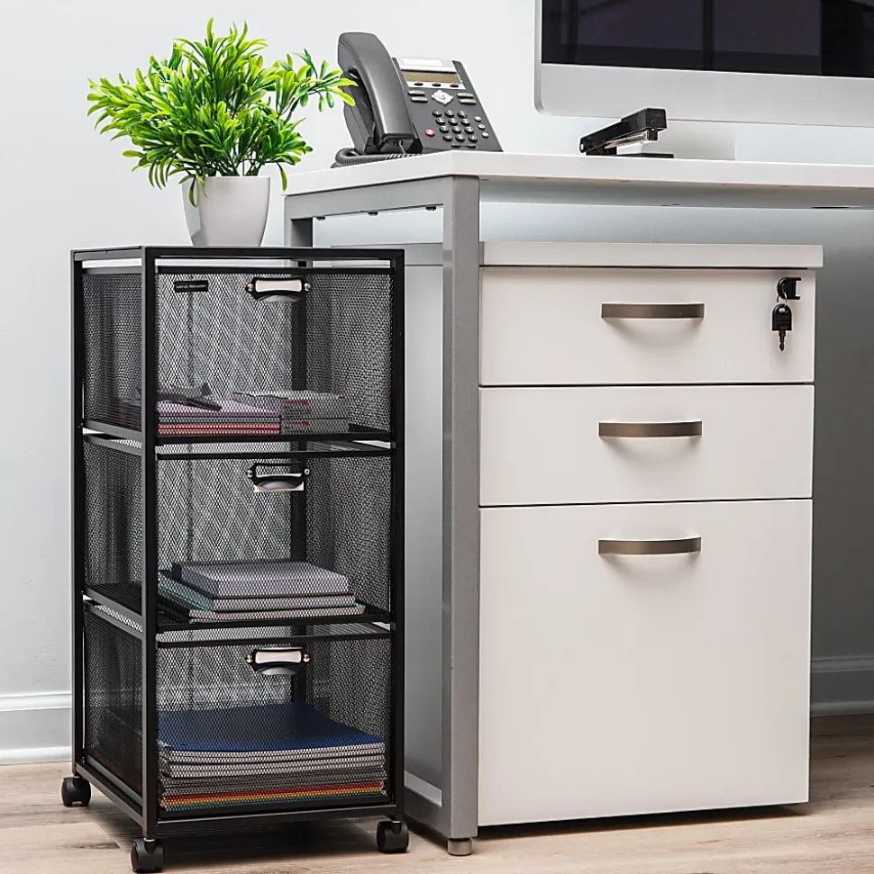 Mind Reader Multipurpose Cart with Drawers, Metal Mesh, Black, 25"H x 14"W x 11"L