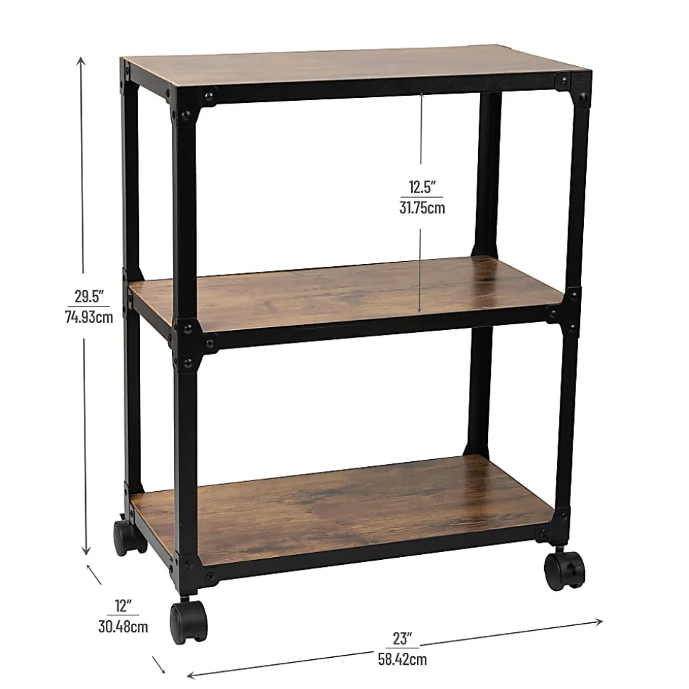 Mind Reader Multipurpose Rolling Cart with 3 Tiers, Mobile Office Storage Organizer, Metal, MDF, 29-1/2" H x 12" W x 23" L, Brown