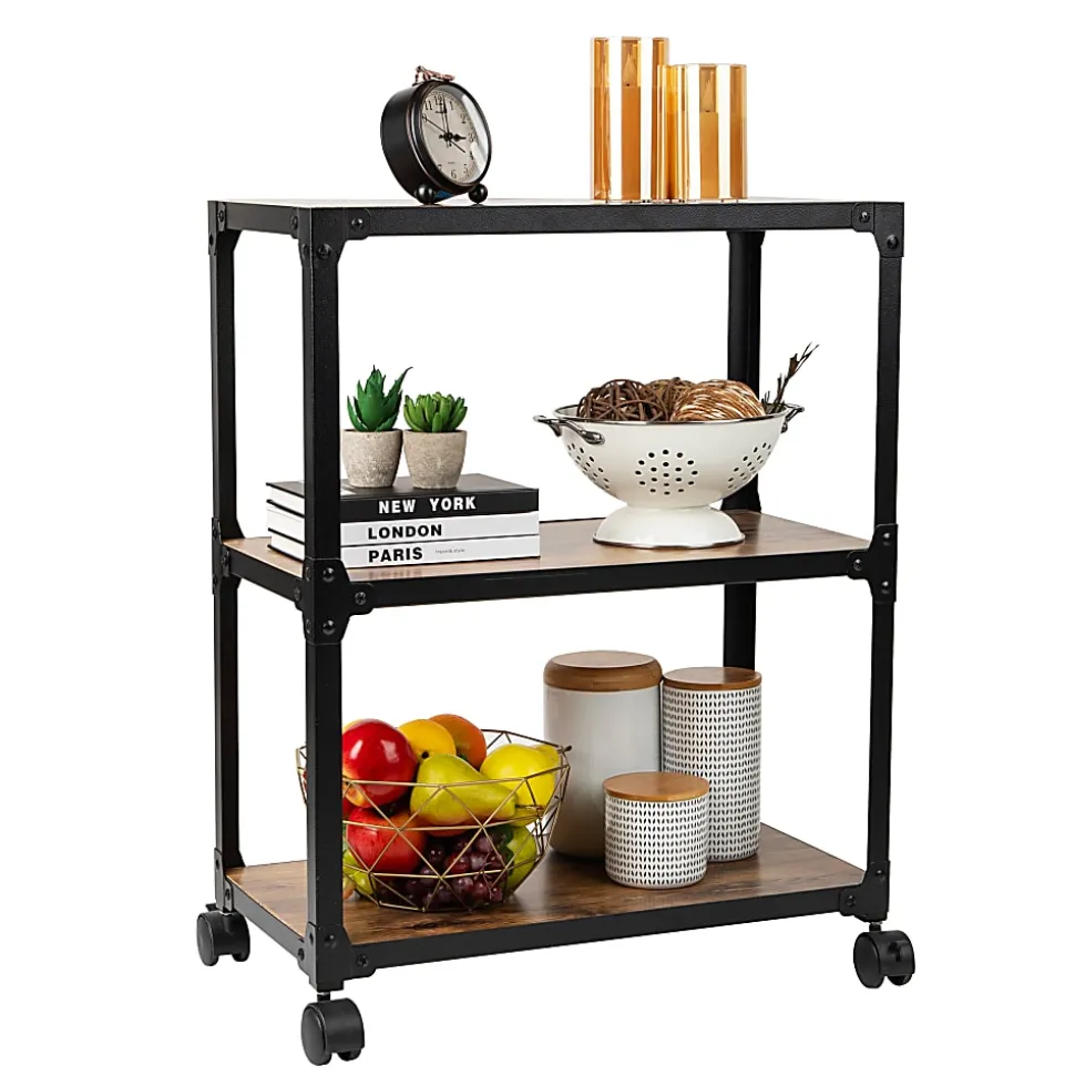 Mind Reader Multipurpose Rolling Cart with 3 Tiers, Mobile Office Storage Organizer, Metal, MDF, 29-1/2" H x 12" W x 23" L, Brown